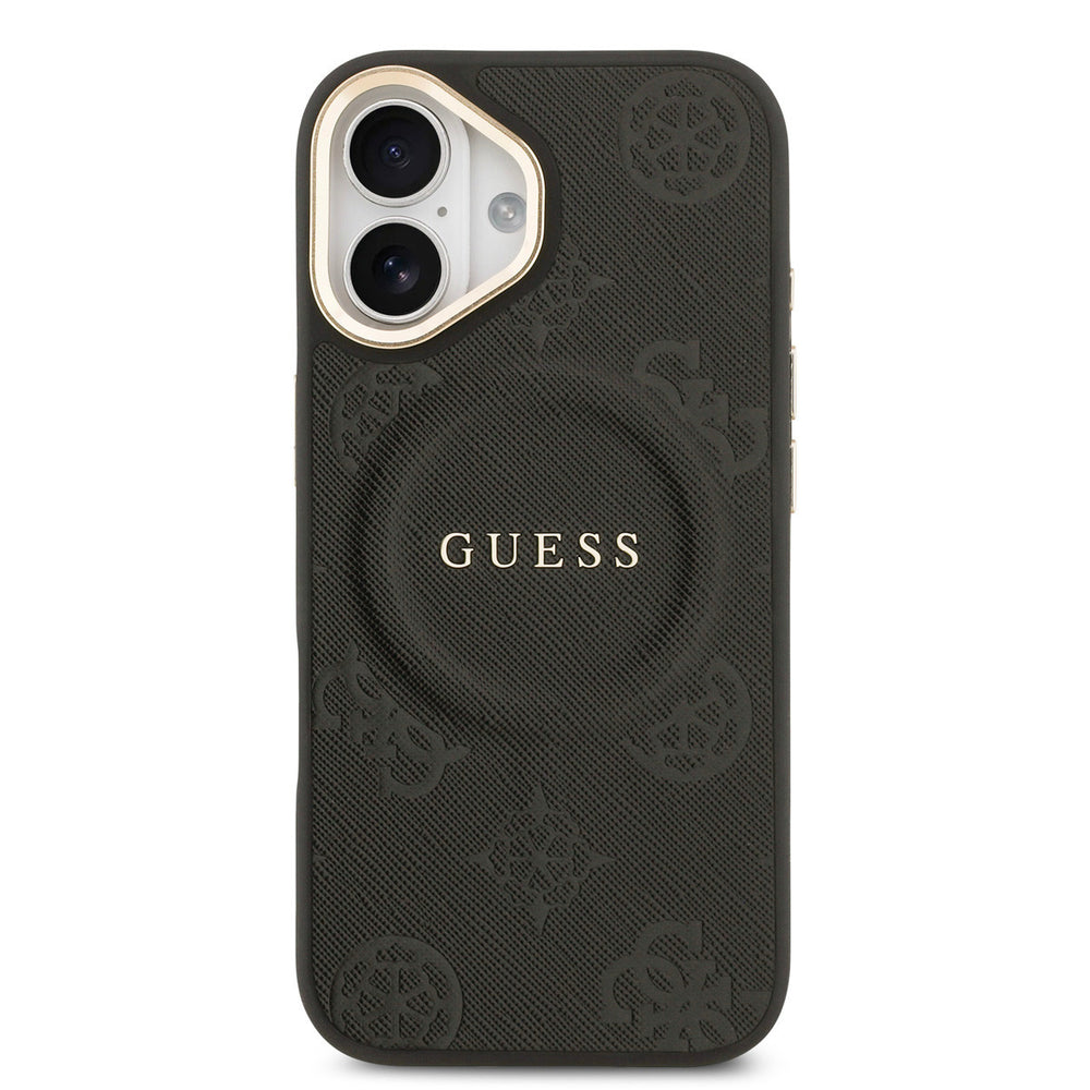 Zwart Guess telefoonhoesje met bloemenpatroon en rond logo, van achteren