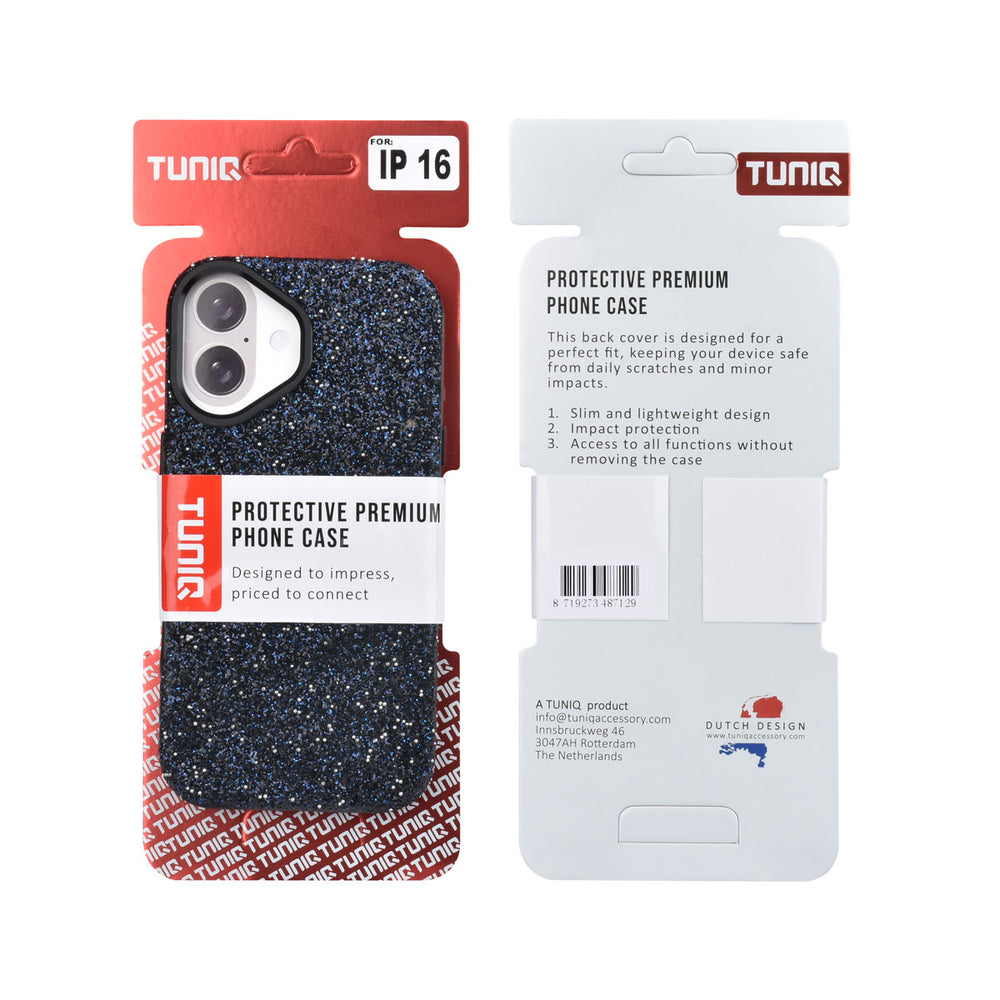 Voor- en achterkant van verpakking van zwart TUNIQ telefoonhoesje met glitters