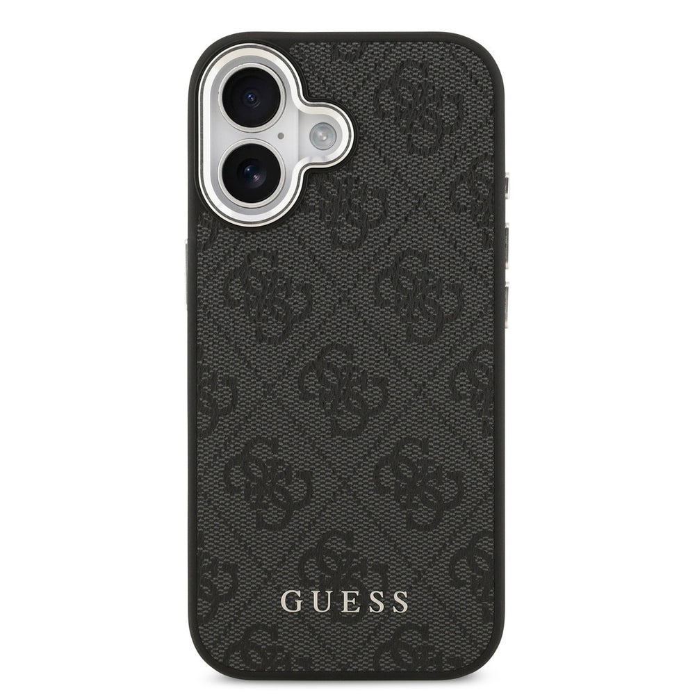 Zwart Guess telefoonhoesje met 4G-patroon en klassiek logo, van achteren