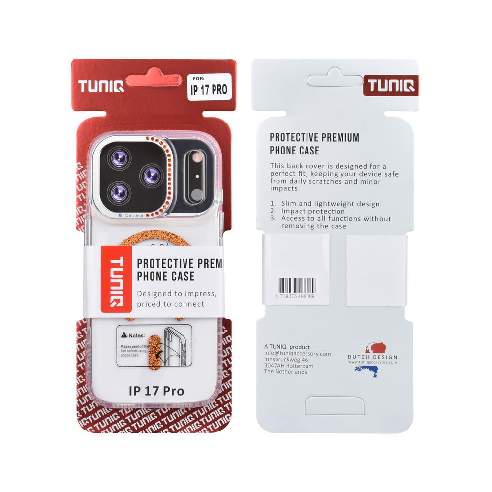 Voor- en achterkant van verpakking van transparant TUNIQ telefoonhoesje met oranje glitters langs de rand en gebogen ring