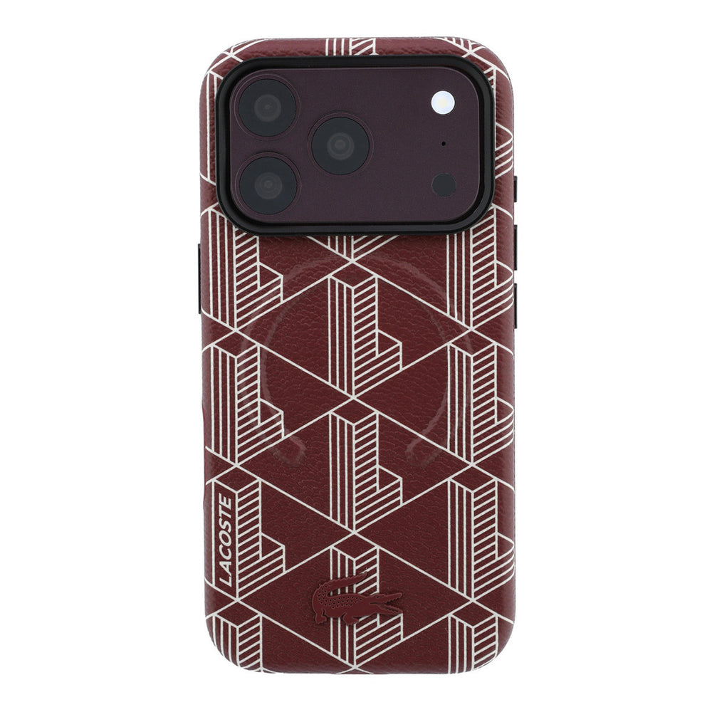 Bordeauxrood Lacoste telefoonhoesje met geometrisch patroon, van achteren