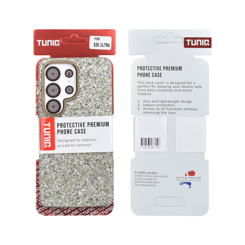 Voor- en achterkant van verpakking van tUNIQ telefoonhoesje met lichte glitters en goudkleurige rand