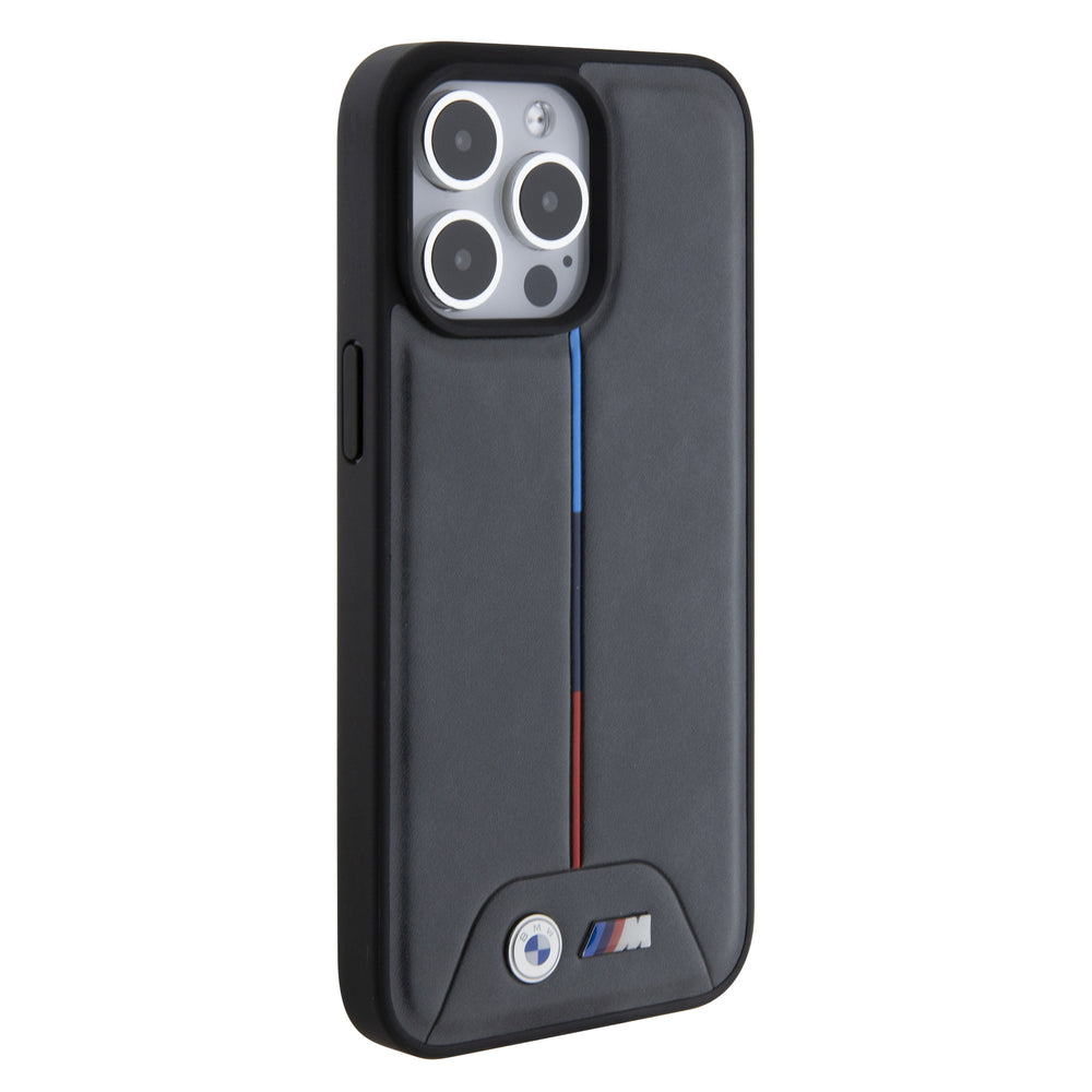 Zwart BMW M telefoonhoesje met rode en blauwe verticale accenten, van achteren