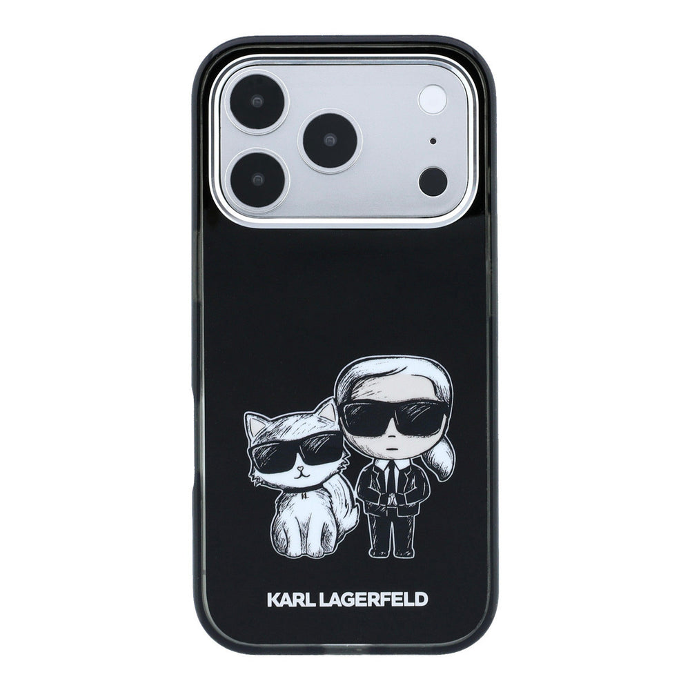 Zwart Karl Lagerfeld telefoonhoesje met figuren van Karl en Choupette, van achteren