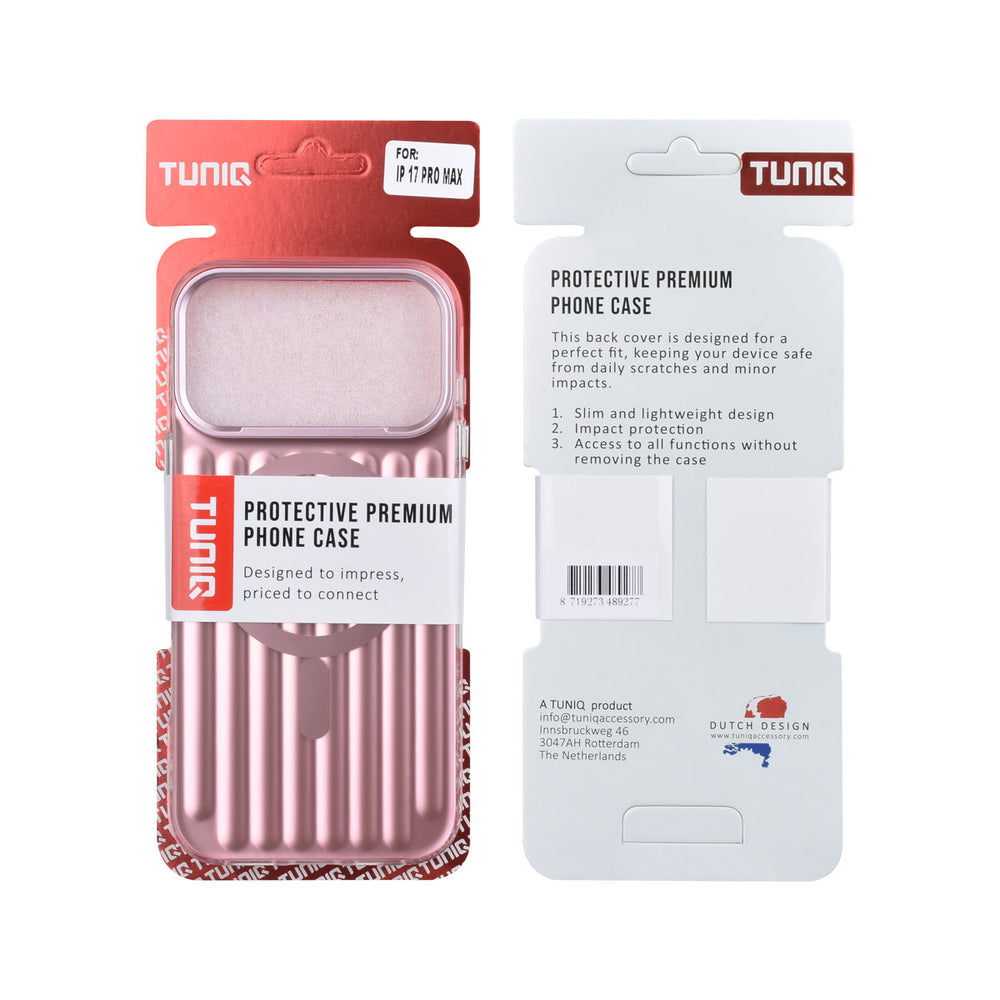 Voor- en achterkant van verpakking van roze TUNIQ telefoonhoesje met verticale ribbels en ring