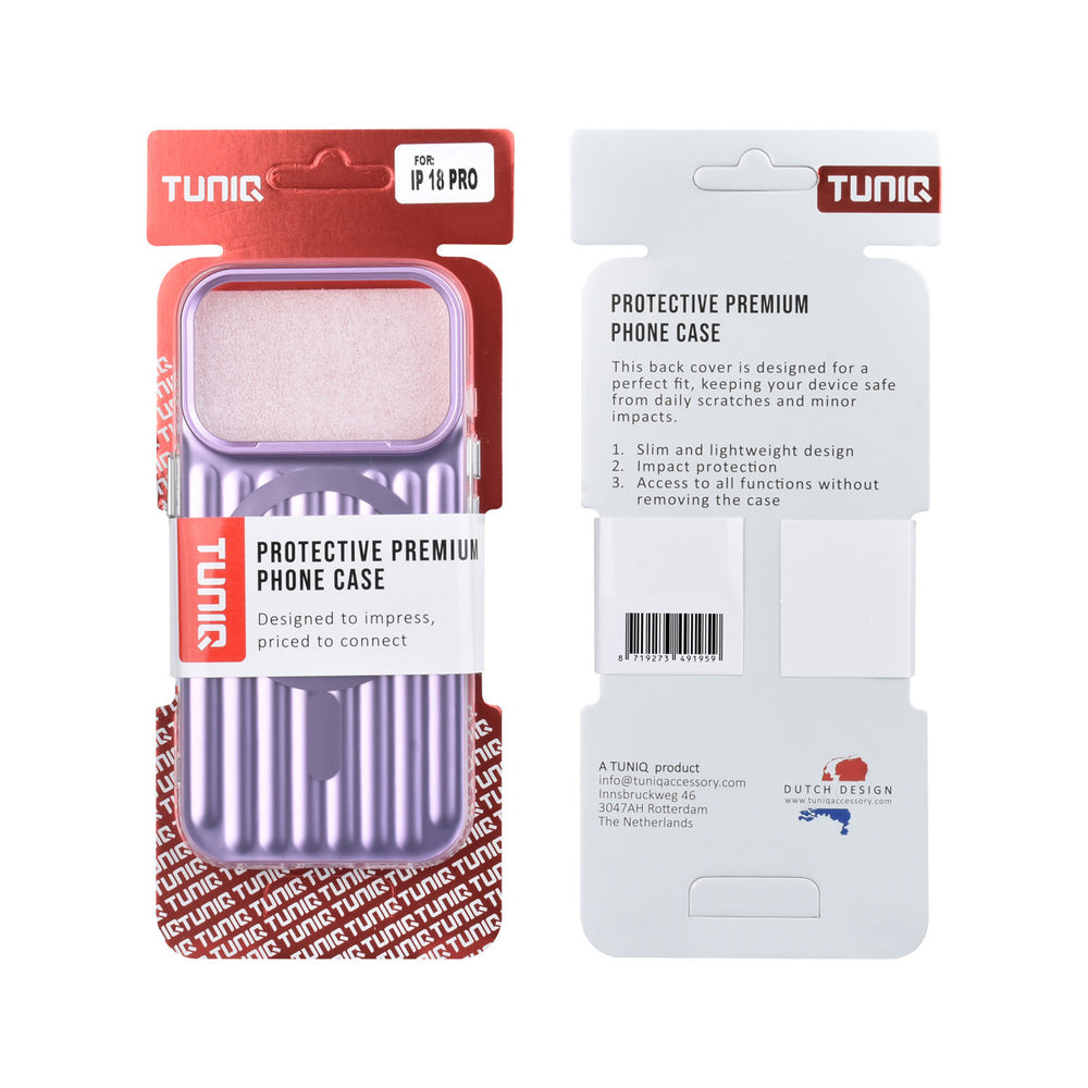 Voor- en achterkant van verpakking van paars TUNIQ telefoonhoesje met verticale ribbels en ring
