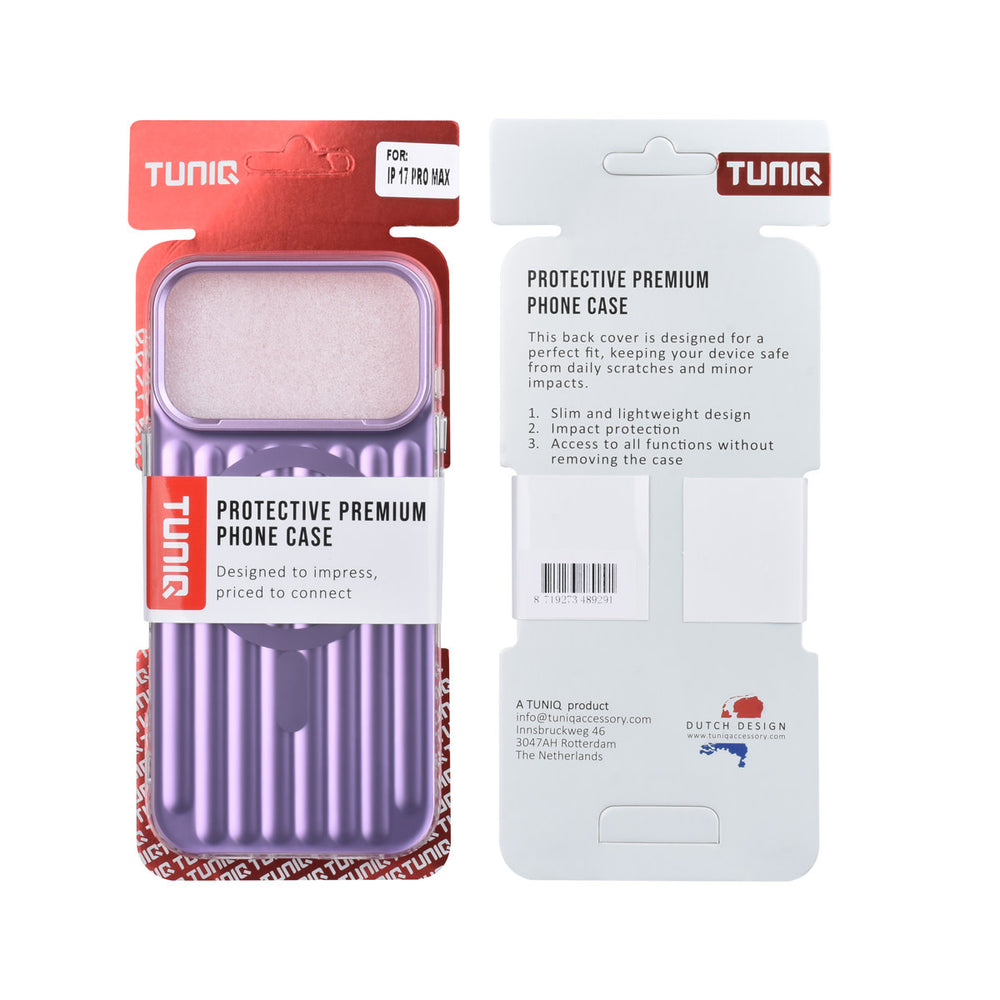 Voor- en achterkant van verpakking van paars TUNIQ telefoonhoesje met verticale ribbels en ring