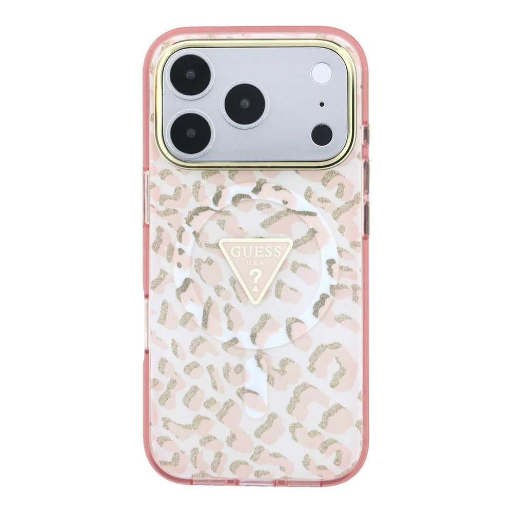 Guess telefoonhoesje met roze luipaardprint en driehoekslogo, van achteren