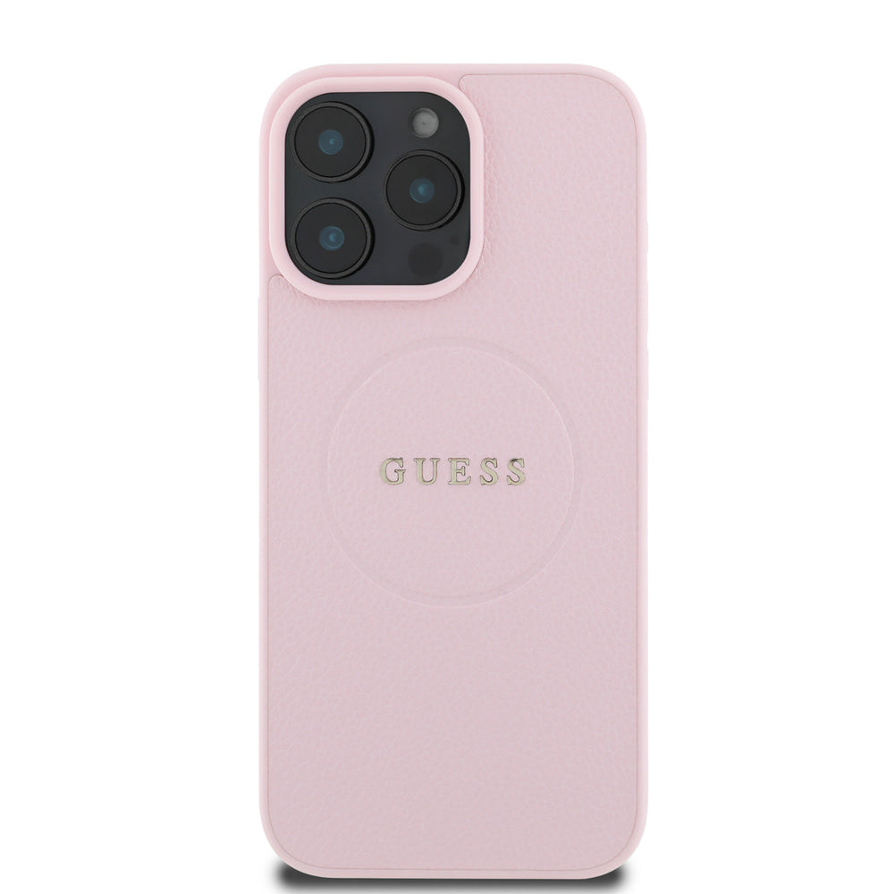 Roze Guess telefoonhoesje met rond logo en fijne structuur, van achteren
