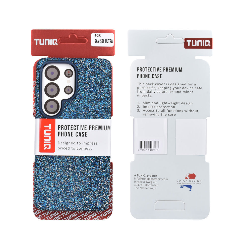 Voor- en achterkant van verpakking van blauw TUNIQ telefoonhoesje met glitters