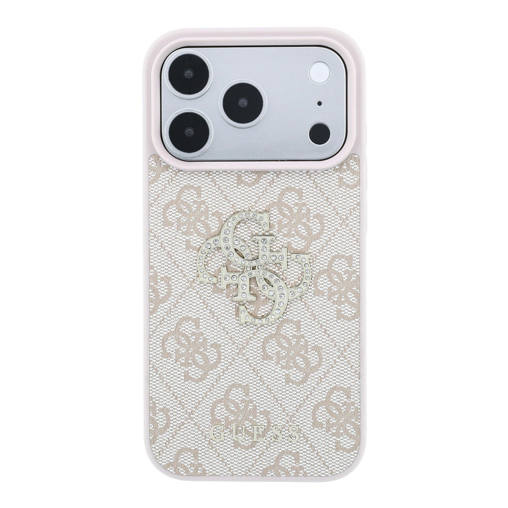Lichtgekleurd Guess telefoonhoesje met 4G-patroon en groot strasslogo, van achteren