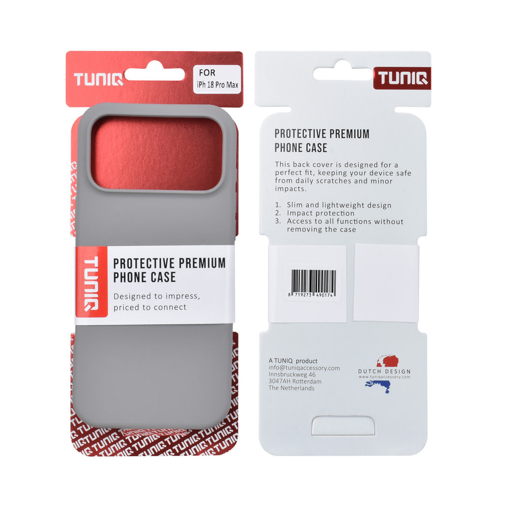 Voor- en achterkant van verpakking van grijs TUNIQ telefoonhoesje