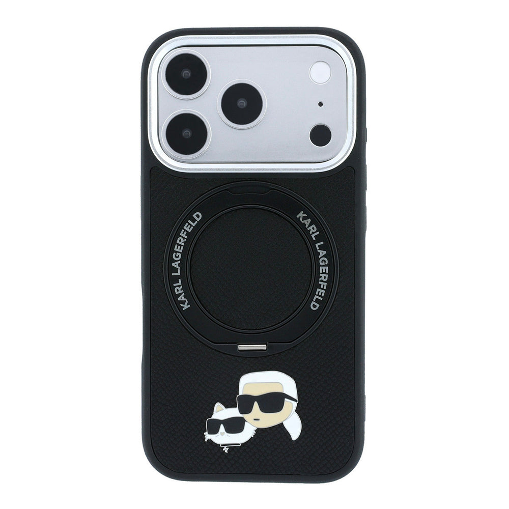Zwart Karl Lagerfeld telefoonhoesje met hoofden van Karl en Choupette met ingeklapte ringstandaard, van achteren