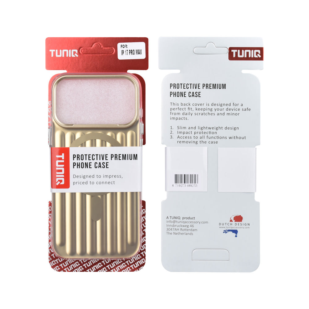 Voor- en achterkant van verpakking van goudkleurig TUNIQ telefoonhoesje met verticale ribbels en ring