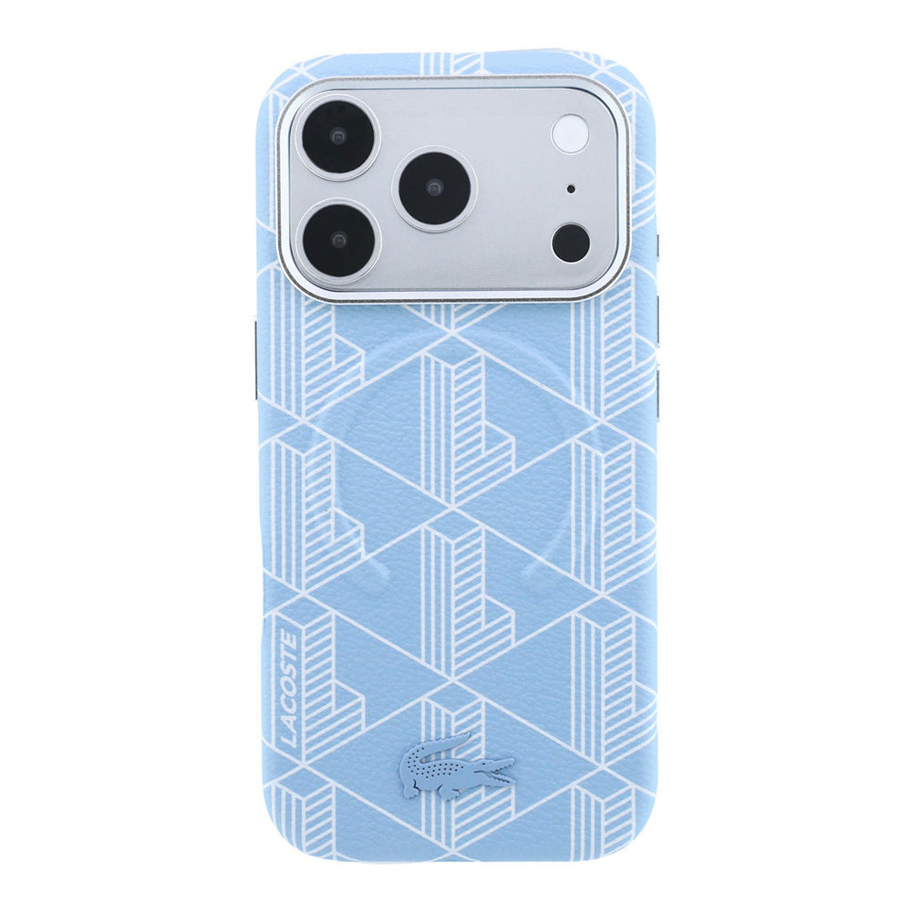 Lichtblauw Lacoste telefoonhoesje met geometrisch patroon, van achteren