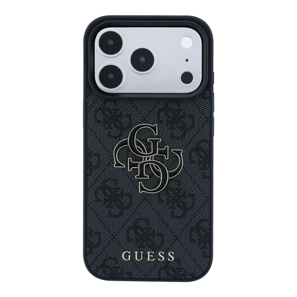 Zwart Guess telefoonhoesje met 4G-patroon en groot logo, van achteren