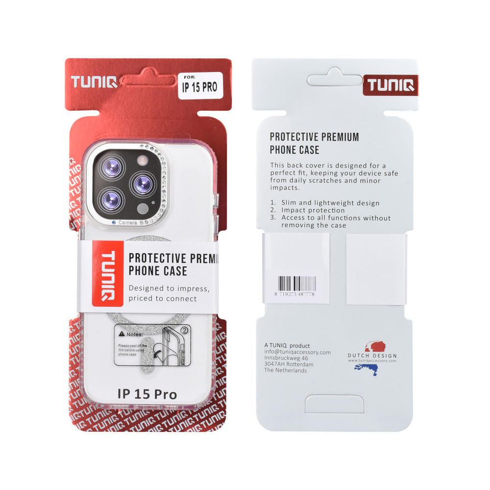 Voor- en achterkant van verpakking van transparant TUNIQ telefoonhoesje met zilverkleurige glitterring en rand