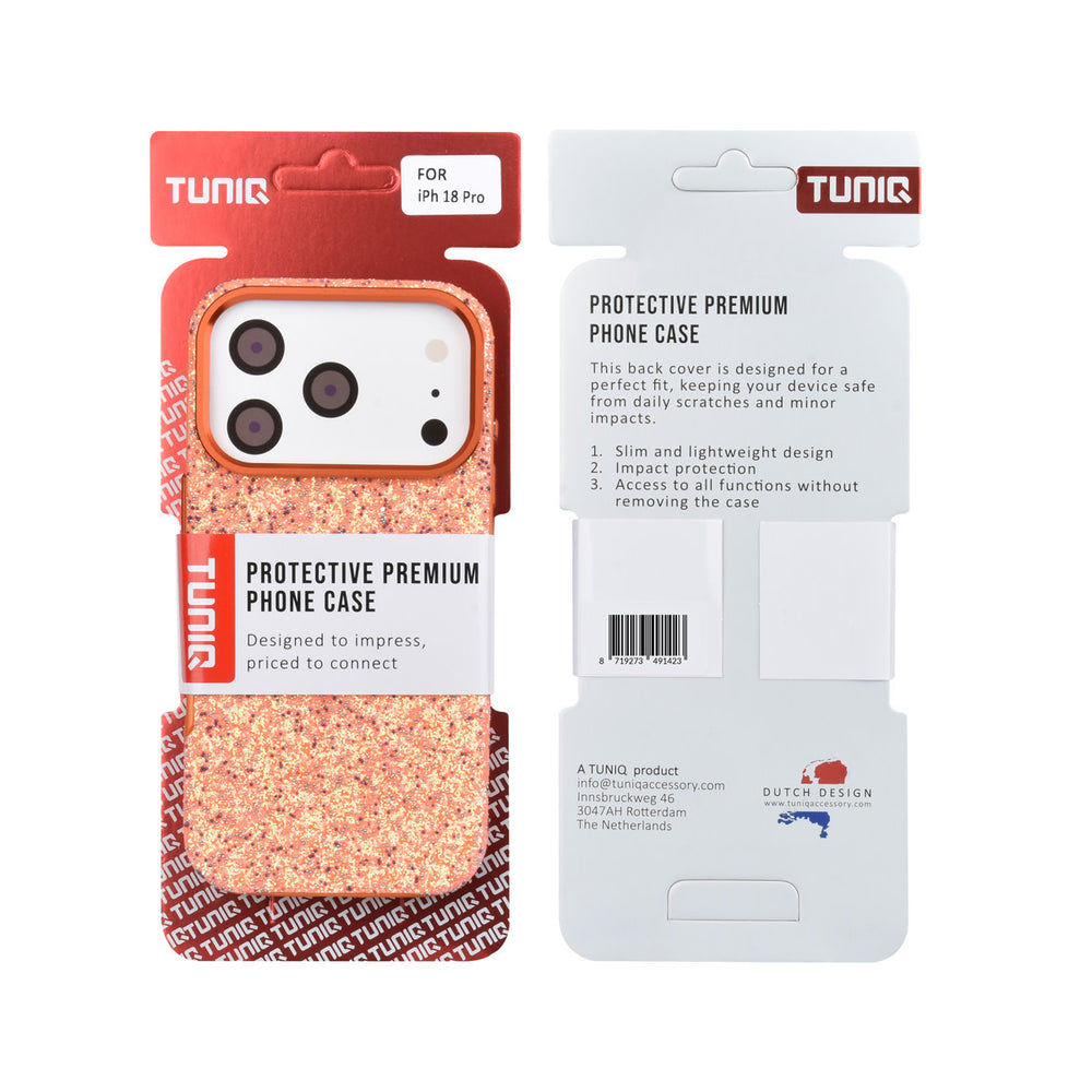 Voor- en achterkant van verpakking van oranje TUNIQ telefoonhoesje met glitters