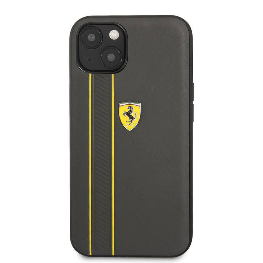 Zwart Ferrari telefoonhoesje met gele verticale strepen en schildlogo, van achteren