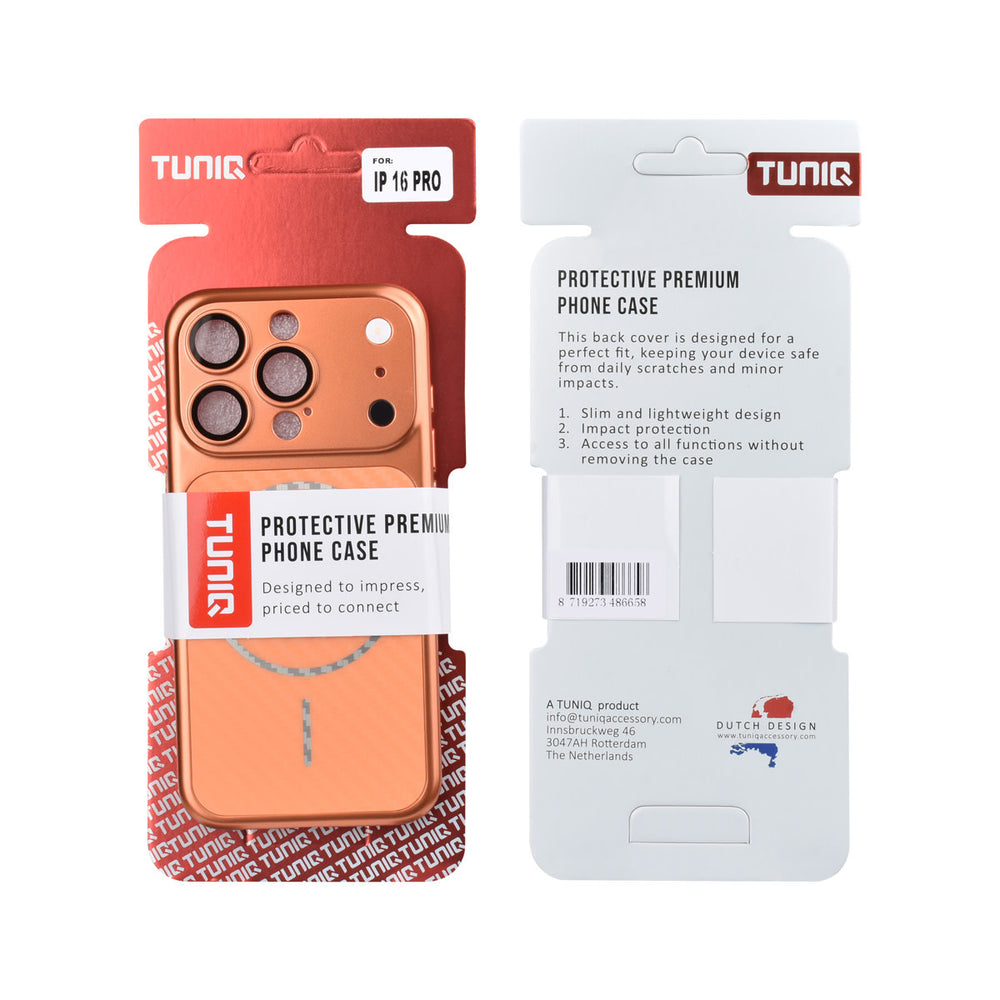 Voor- en achterkant van verpakking van oranje TUNIQ telefoonhoesje met diagonaal patroon en ring