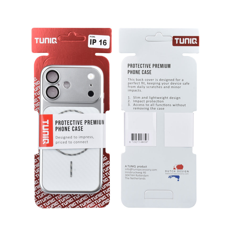 Voor- en achterkant van verpakking van zilverkleurig TUNIQ telefoonhoesje met diagonaal patroon en ring