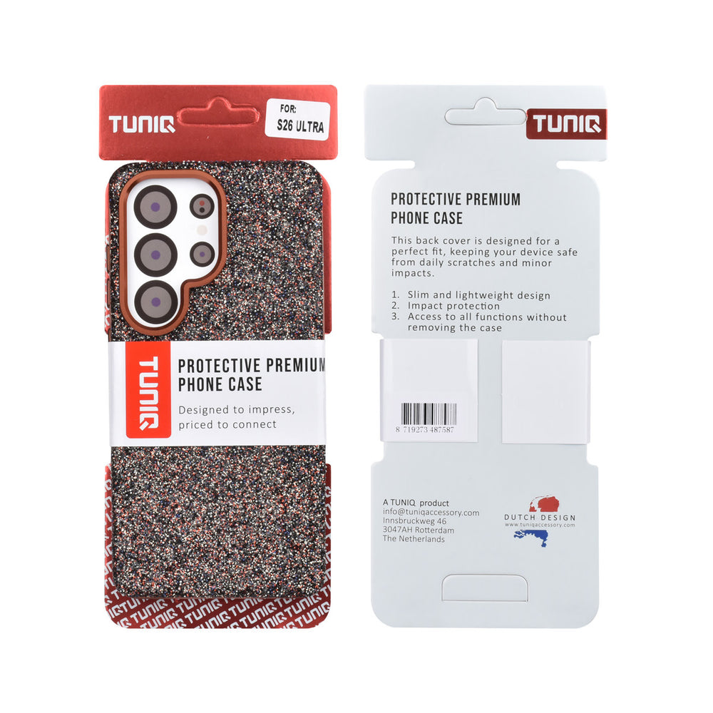 Voor- en achterkant van verpakking van bruin TUNIQ telefoonhoesje met glitters