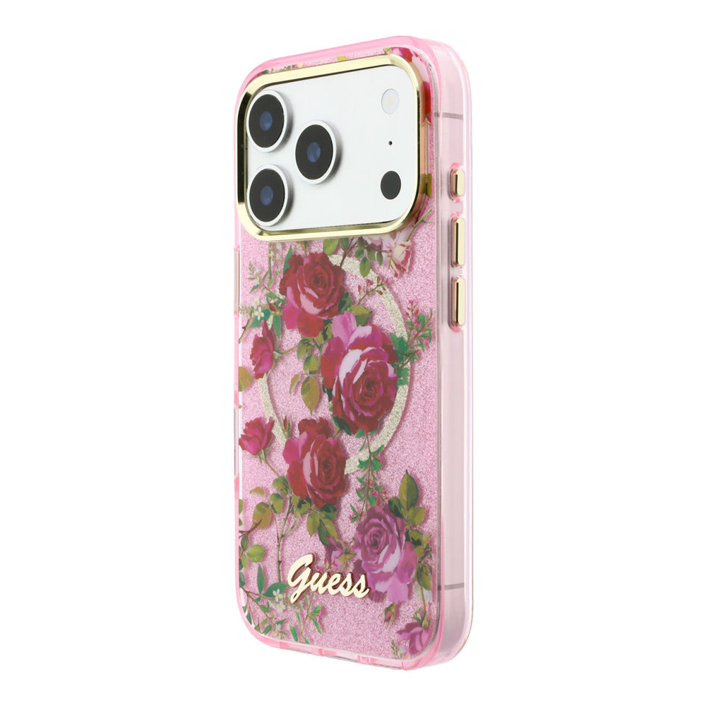 Roze Guess telefoonhoesje met rozenprint, glitters, ring en schriftlogo, schuin van achteren