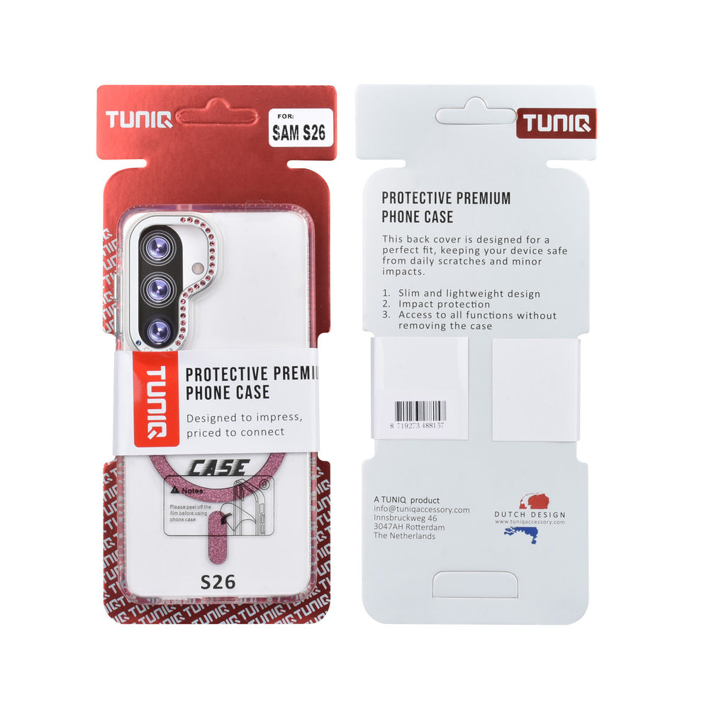 Voor- en achterkant van verpakking van transparant TUNIQ telefoonhoesje met roze glitterring en rand