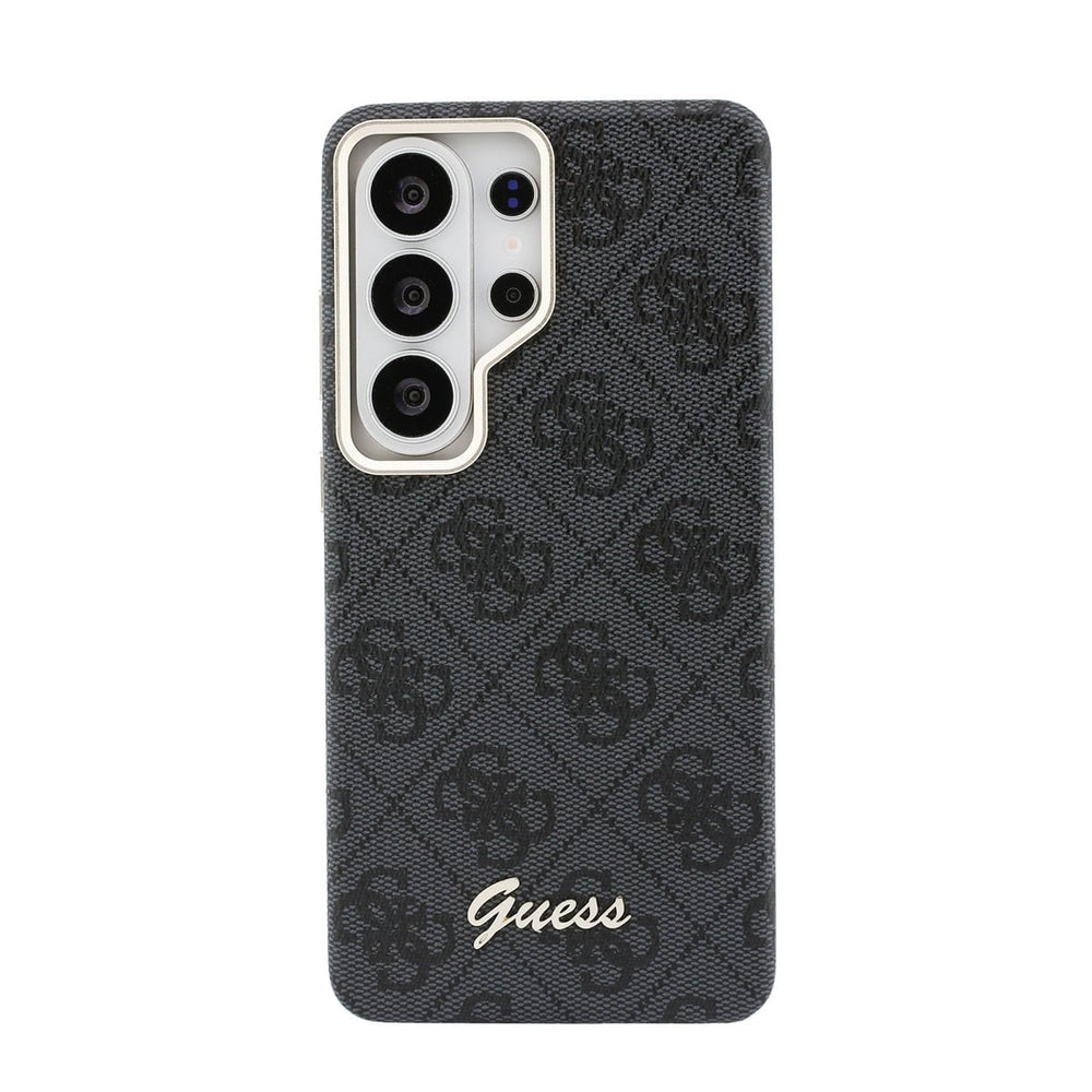 Zwart Guess telefoonhoesje met 4G-patroon en goudkleurig schriftlogo, van achteren