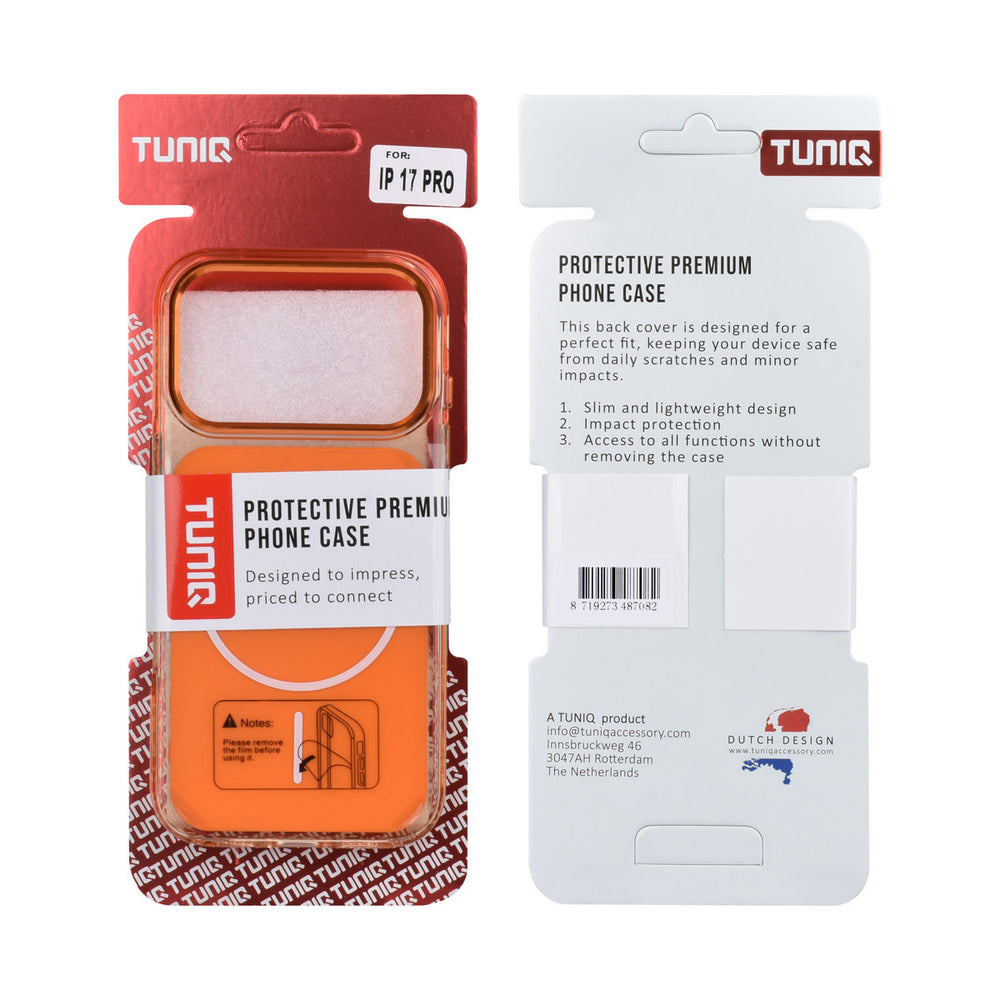 Voor- en achterkant van verpakking van oranje TUNIQ telefoonhoesje met witte ring