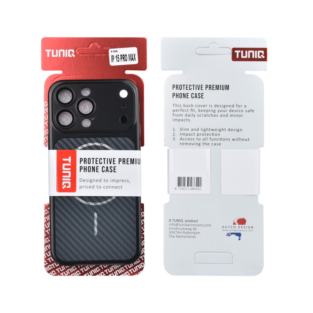 Voor- en achterkant van verpakking van zwart TUNIQ telefoonhoesje met diagonaal patroon en ring