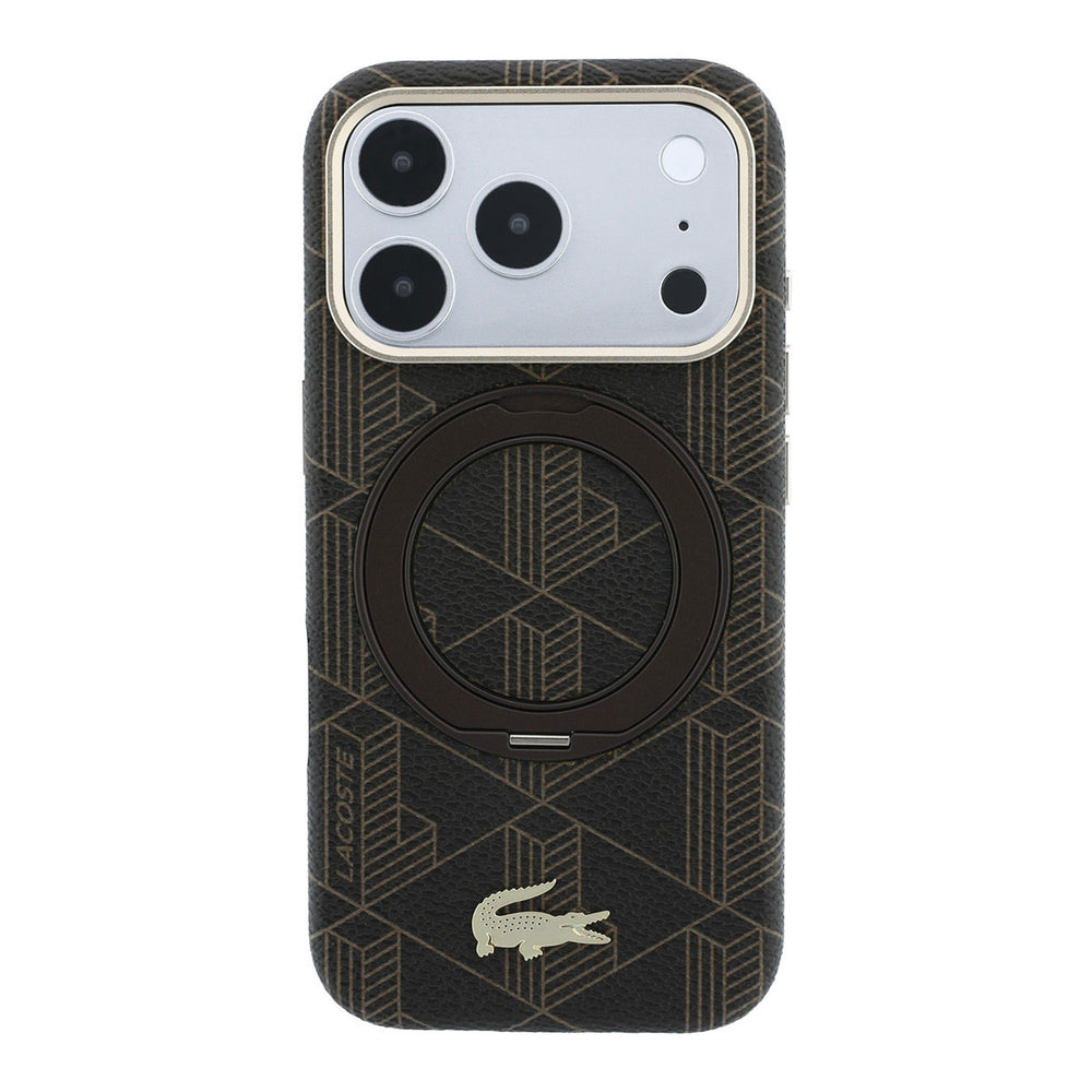 Zwart Lacoste telefoonhoesje met geometrisch patroon met ingeklapte ringstandaard, van achteren