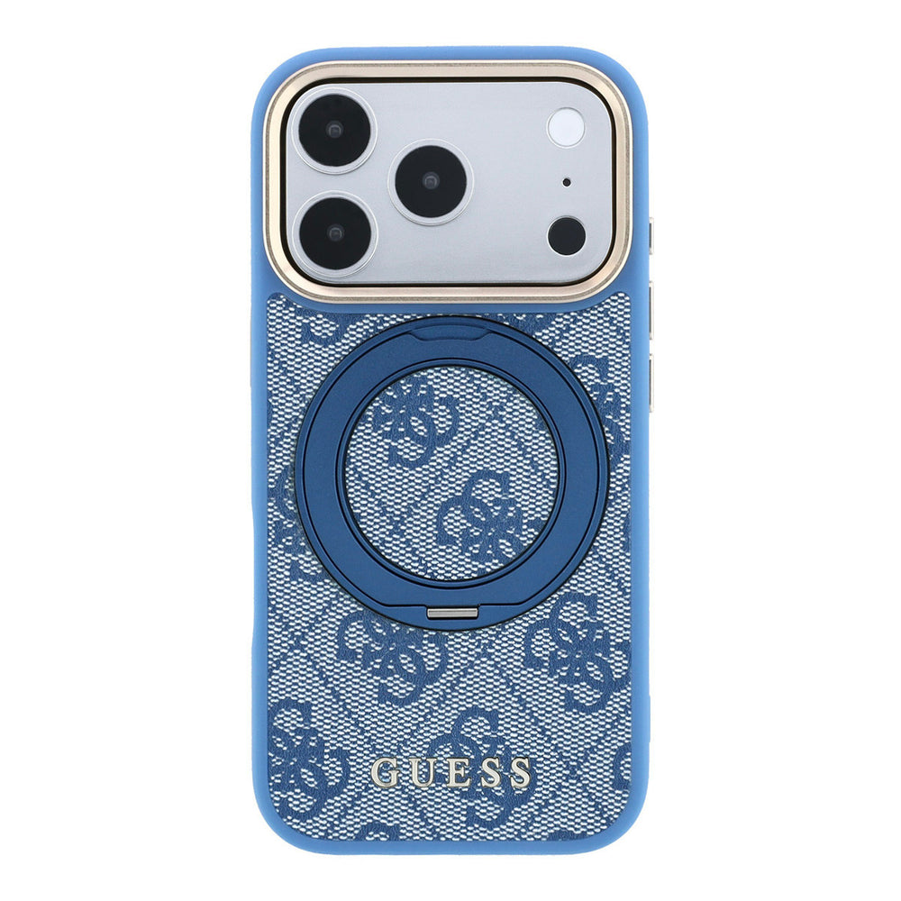 Blauw Guess telefoonhoesje met 4G-patroon met ingeklapte ringstandaard, van achteren