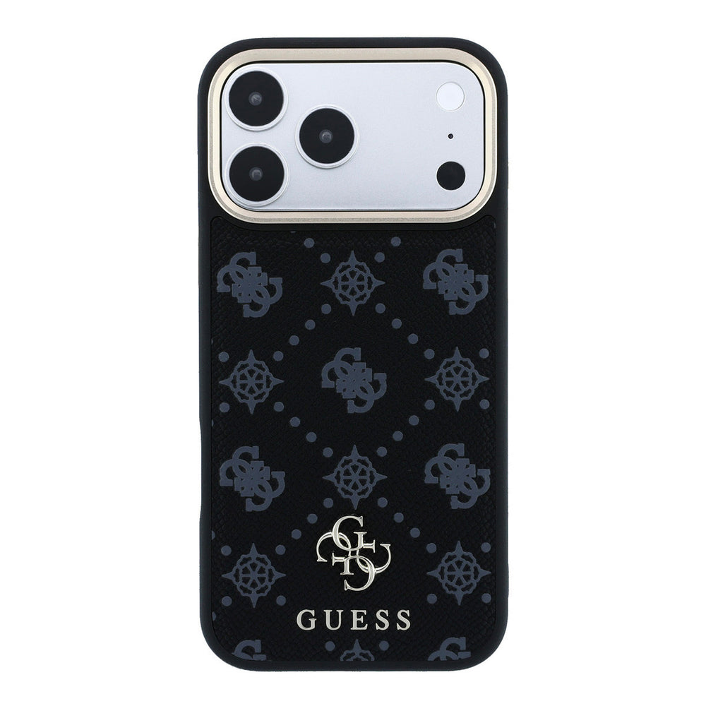 Zwart Guess telefoonhoesje met 4G-patroon en klein logo, van achteren