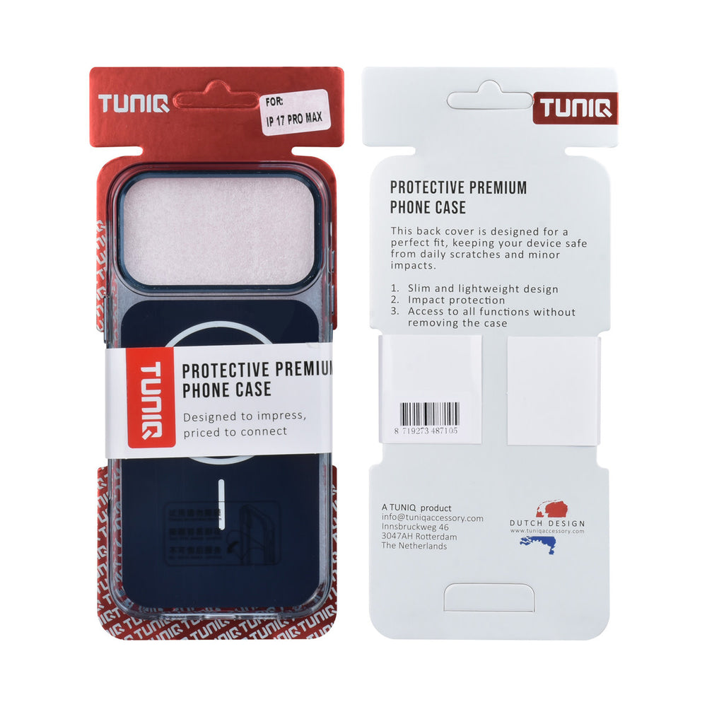 Voor- en achterkant van verpakking van blauw TUNIQ telefoonhoesje met witte ring