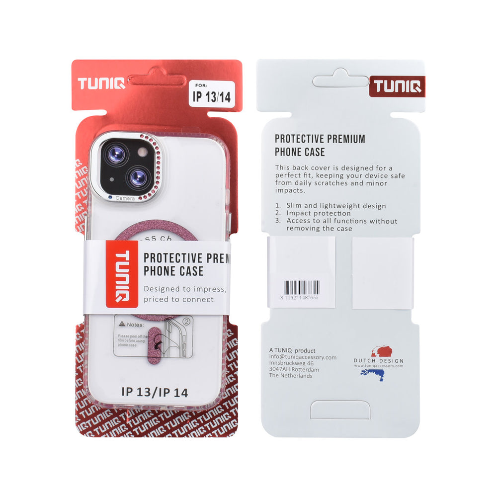 Voor- en achterkant van verpakking van transparant TUNIQ telefoonhoesje met roze glitterring en rand