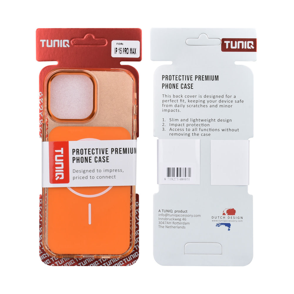 Voor- en achterkant van verpakking van oranje TUNIQ telefoonhoesje met witte ring