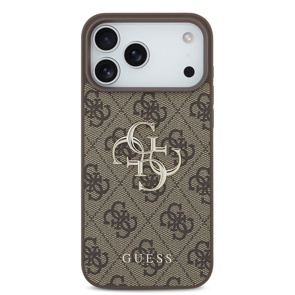 Bruin Guess telefoonhoesje met 4G-patroon en groot goudkleurig logo, van achteren