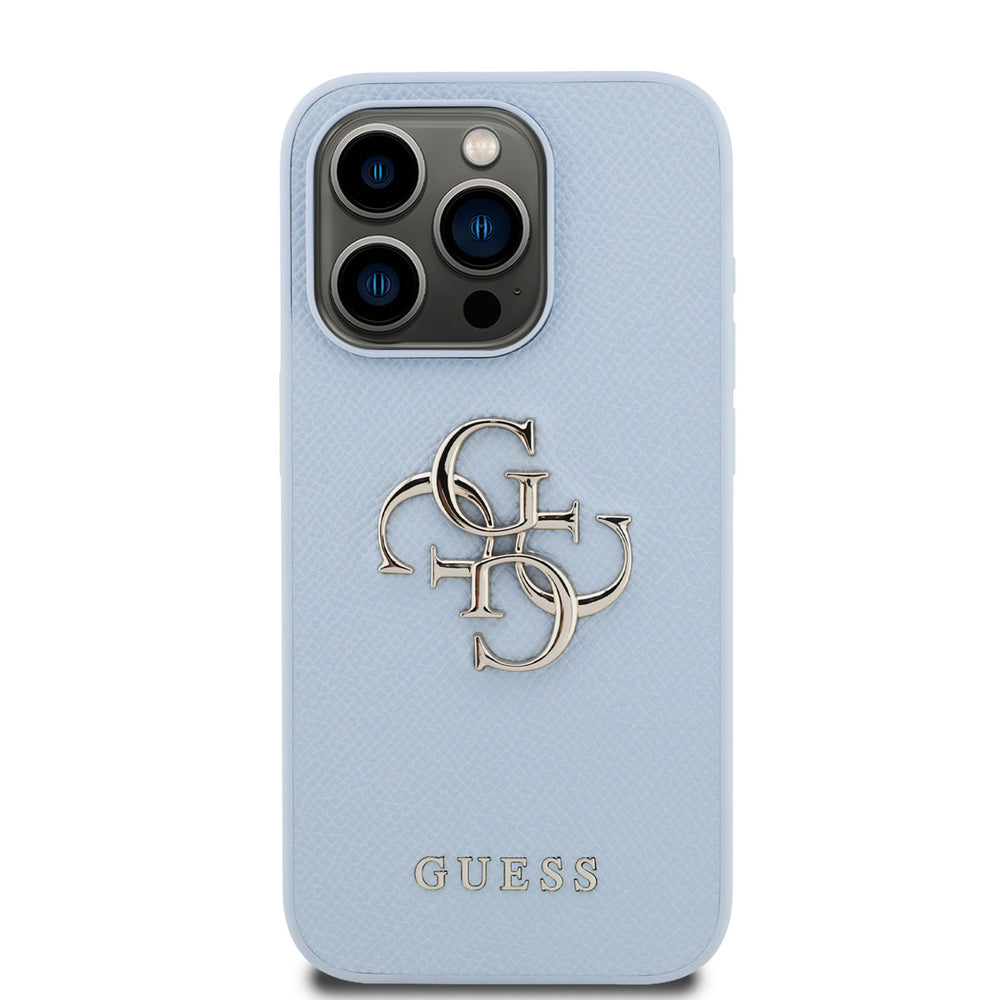 Lichtblauw Guess telefoonhoesje met groot goudkleurig 4G-logo, van achteren