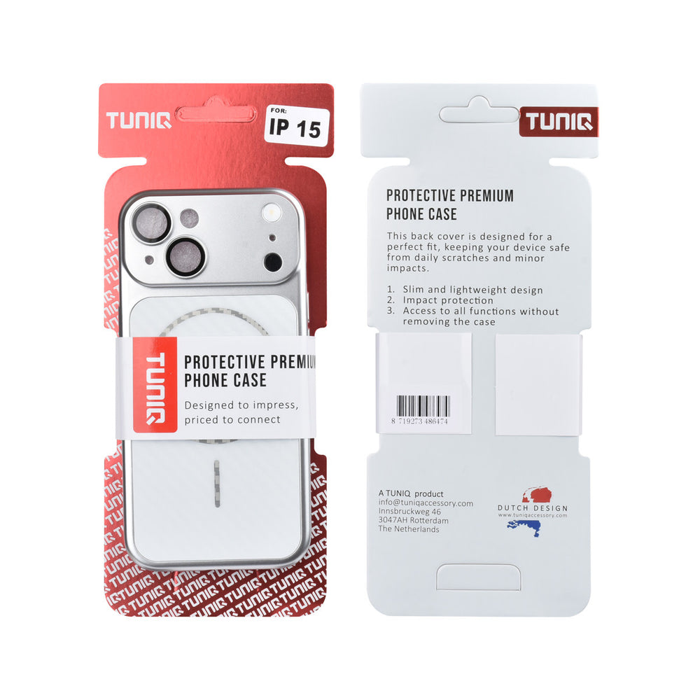 Voor- en achterkant van verpakking van zilverkleurig TUNIQ telefoonhoesje met diagonaal patroon en ring