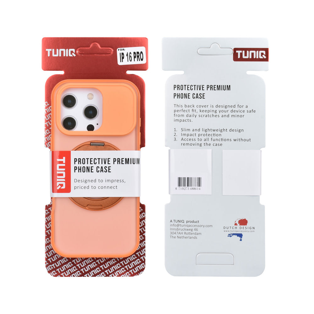Voor- en achterkant van verpakking van oranje TUNIQ telefoonhoesje met glanzende ringstandaard