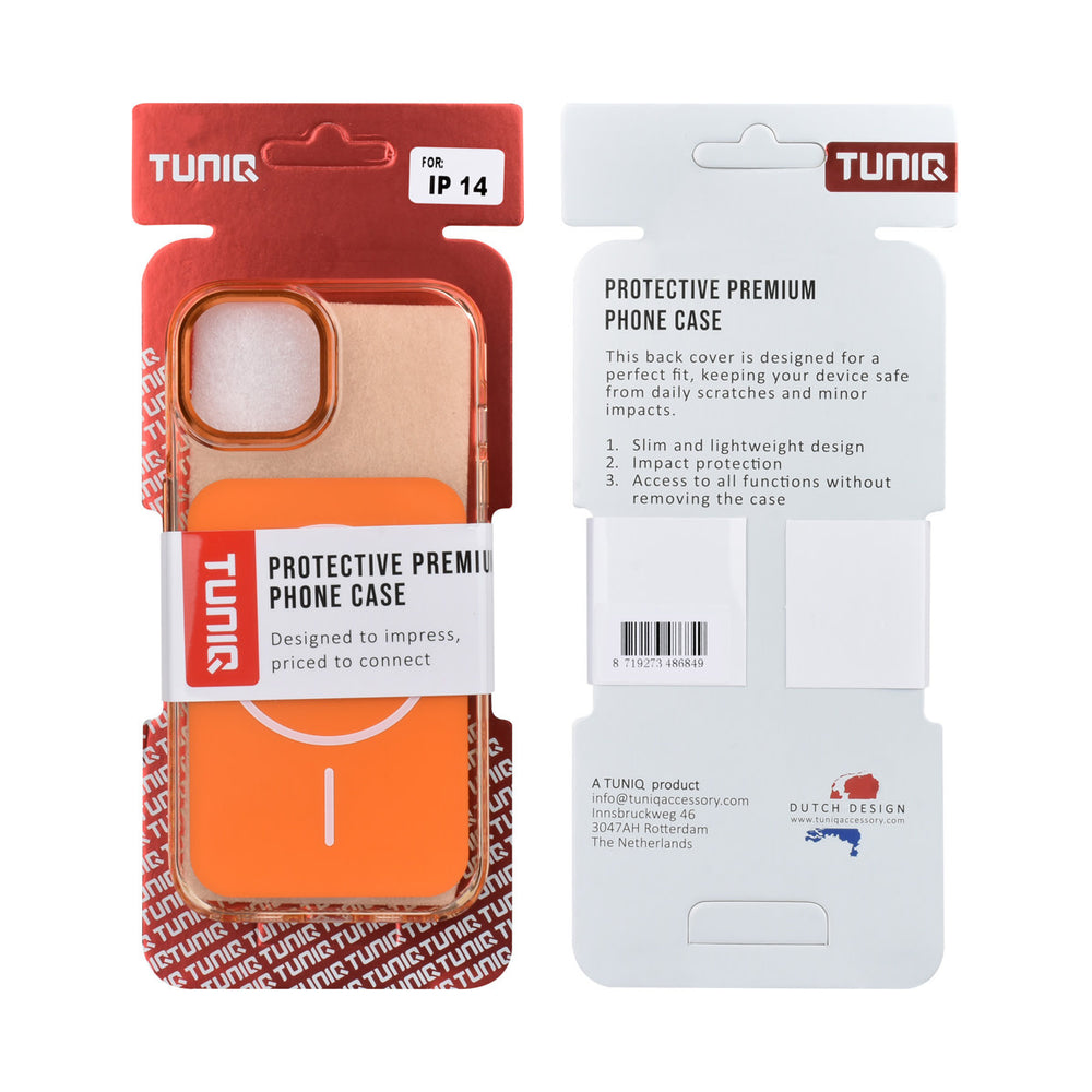 Voor- en achterkant van verpakking van oranje TUNIQ telefoonhoesje met witte ring