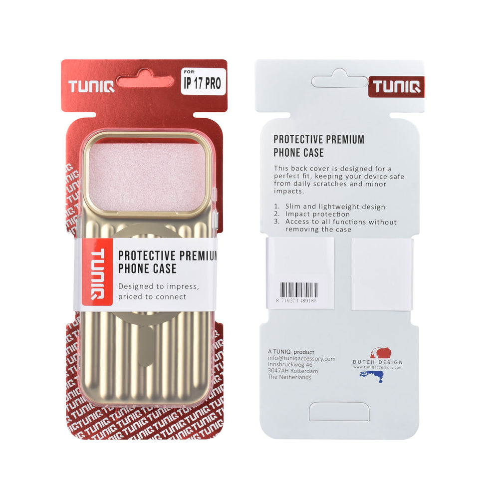 Voor- en achterkant van verpakking van goudkleurig TUNIQ telefoonhoesje met verticale ribbels en ring