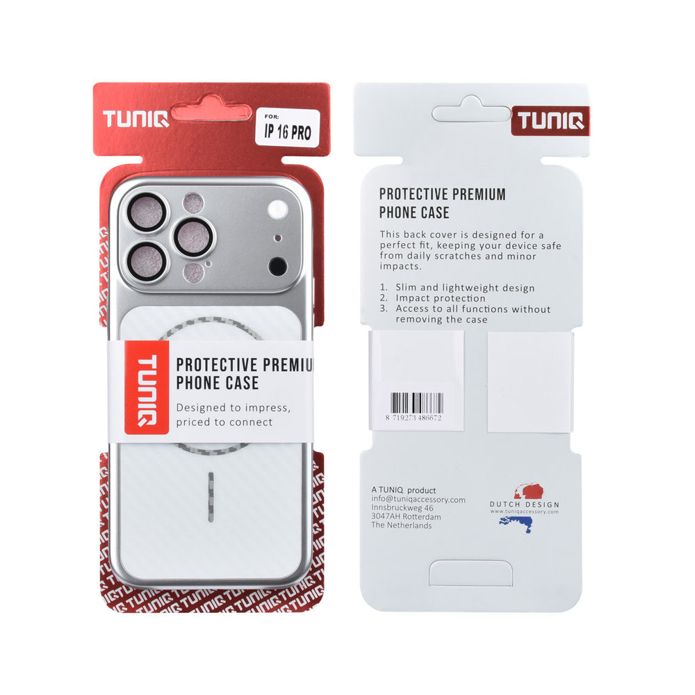 Voor- en achterkant van verpakking van zilverkleurig TUNIQ telefoonhoesje met diagonaal patroon en ring