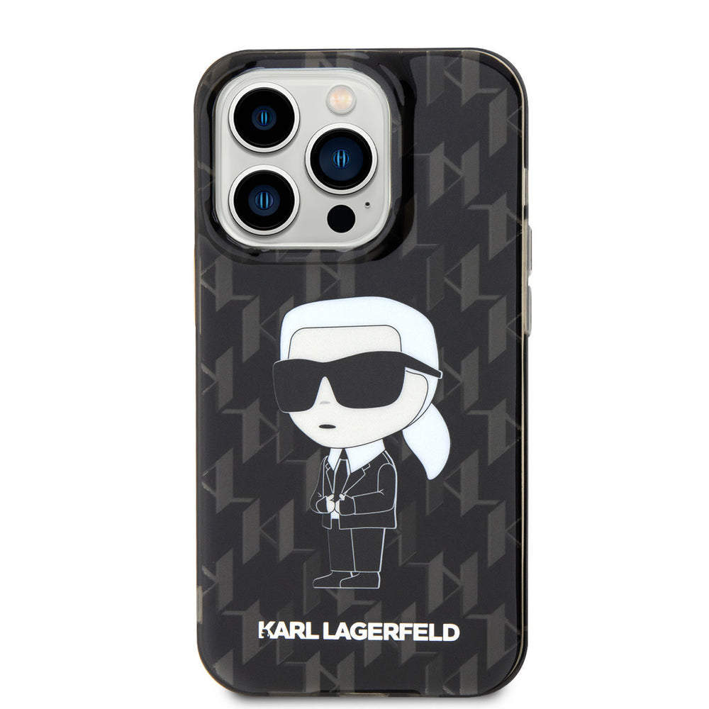Zwart Karl Lagerfeld telefoonhoesje met monogram en Karl-figuur, van achteren