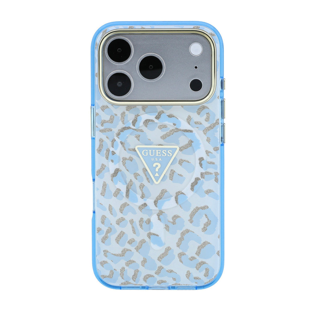 Guess telefoonhoesje met lichtblauwe luipaardprint en driehoekslogo, van achteren