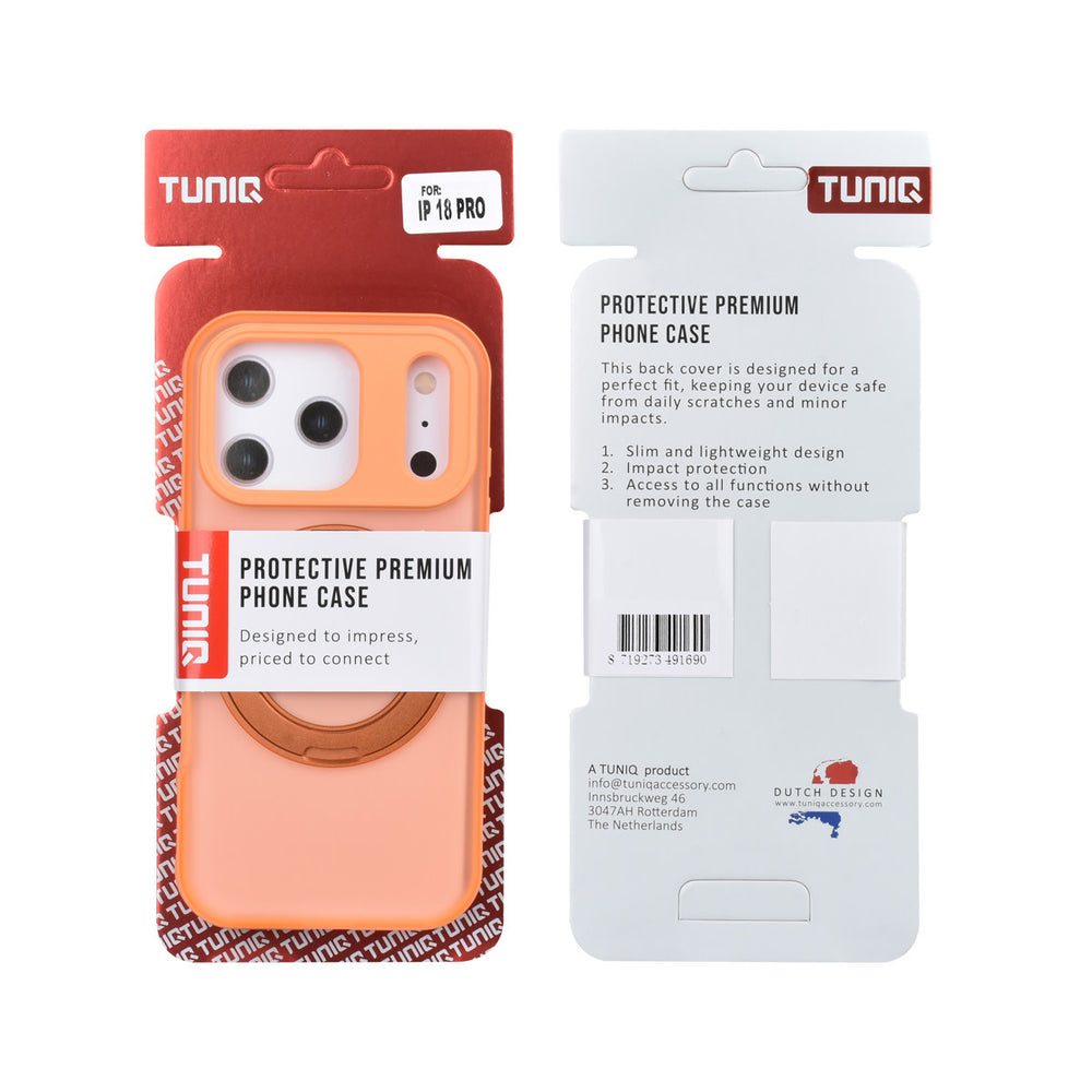 Voor- en achterkant van verpakking van oranje TUNIQ telefoonhoesje met glanzende ringstandaard