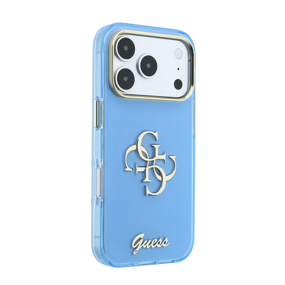 Lichtblauw Guess telefoonhoesje met 4G-logo en schriftlogo schuin van achteren