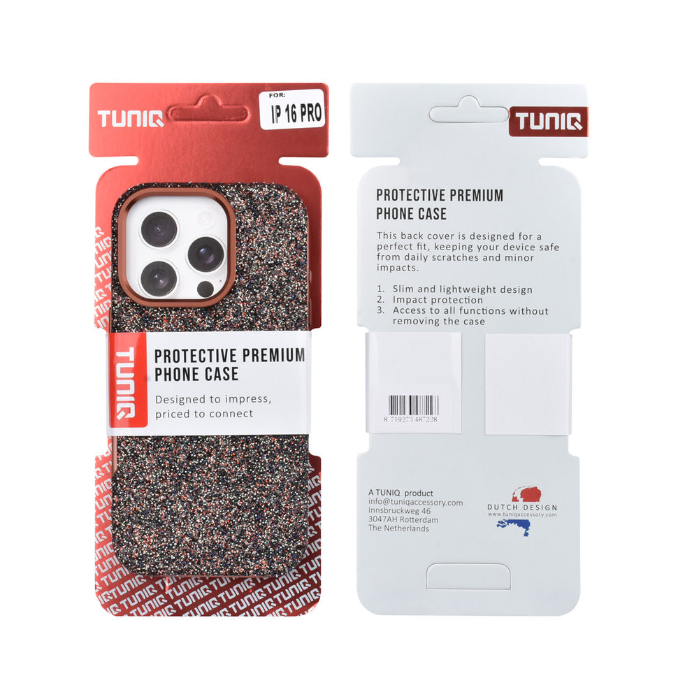 Voor- en achterkant van verpakking van bruin TUNIQ telefoonhoesje met glitters