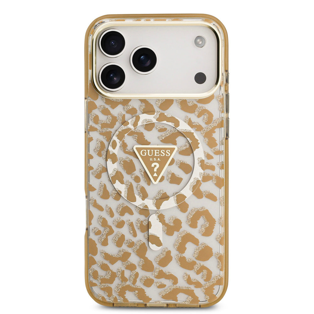 Guess telefoonhoesje met bruine luipaardprint en driehoekslogo, van achteren